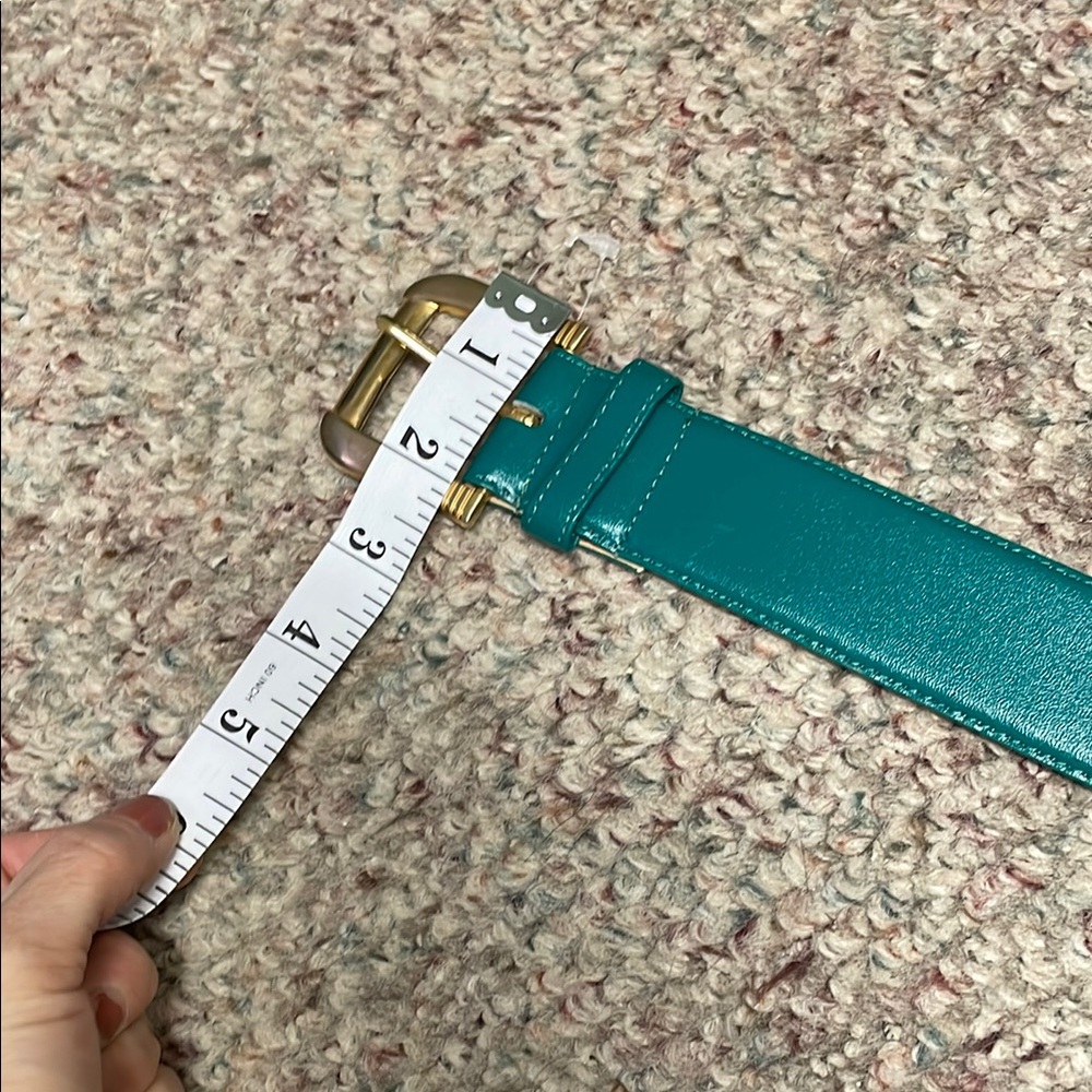 Vintage 90s Teal Leather Belt with Gold Buckle- nwt - Picture 7 of 7